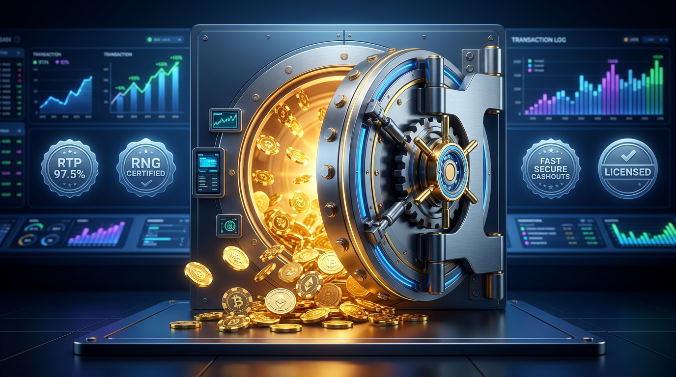 Cyberbezpieczeństwo i wypłacalność w kasynach online 2026 - ilustracja sejfu z cyfrowymi monetami i certyfikatami uczciwości.